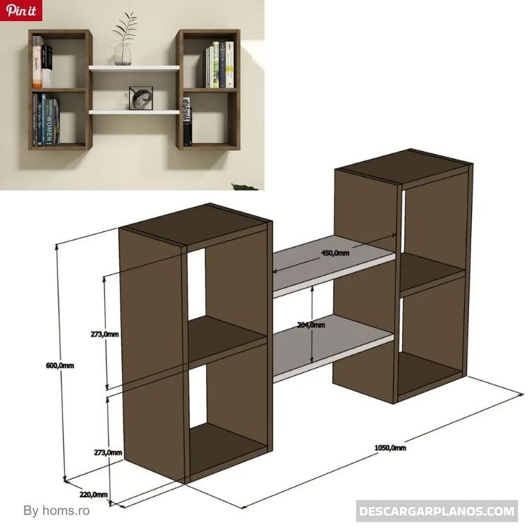 plano con medidas de repisa flotante dos cuerpos de madera oscura