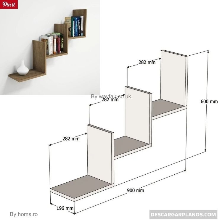 plano de repisa flotante escalera invertida para libros