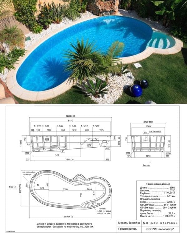 plano de piscina curva con medidas