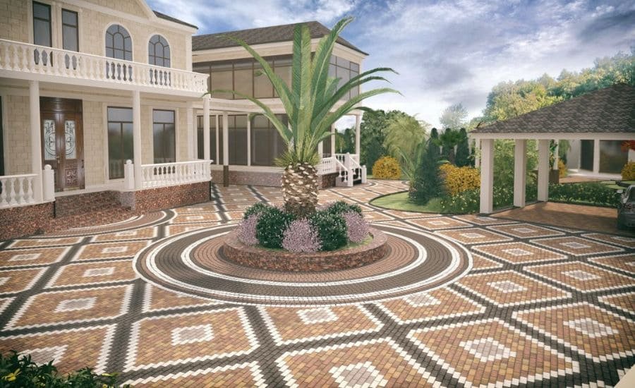 diseno de adoquin en forma de laberinto con jardin central