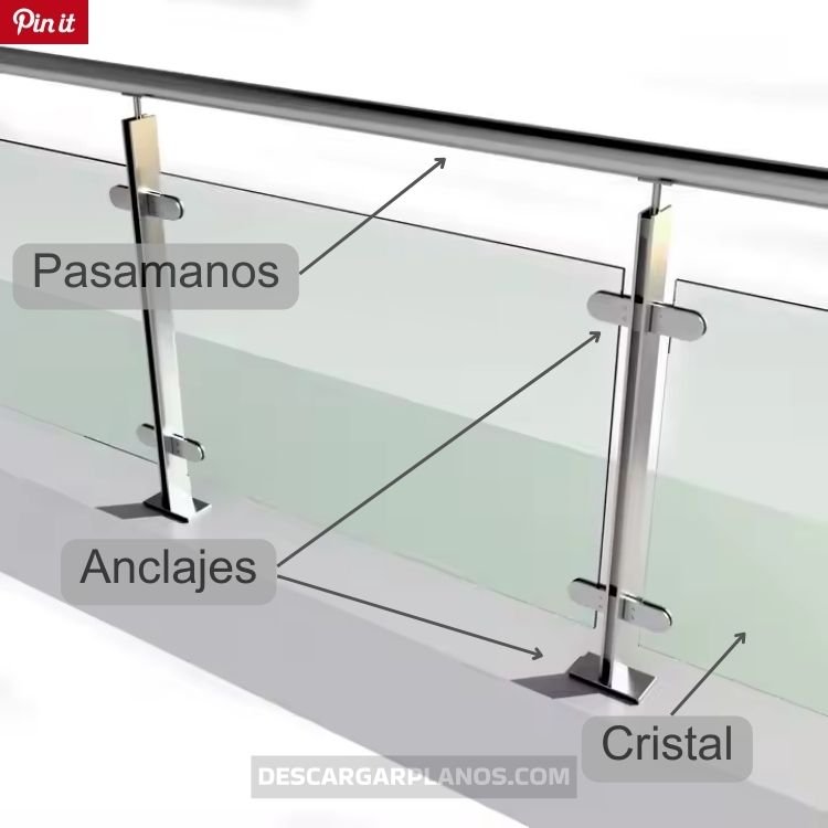 partes de un barandal de cristal y acero inoxidable